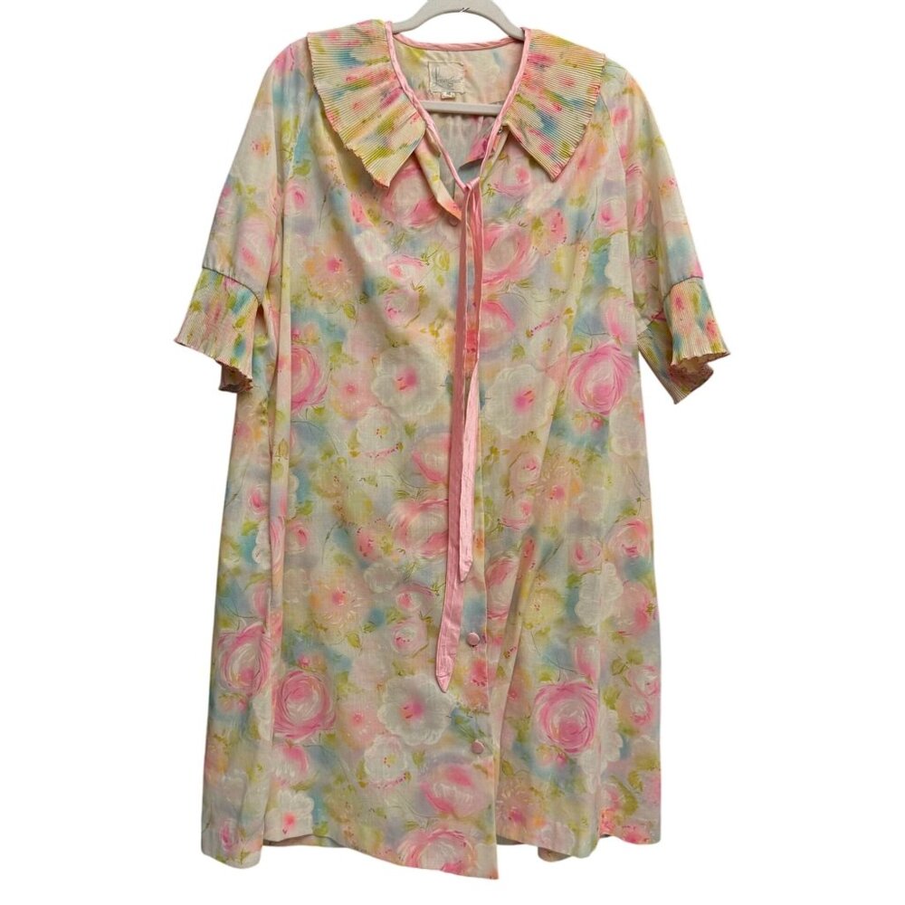 VTG Loungees Floral Pleated Ruffled Button Front Night Gown Dress 16 Pink